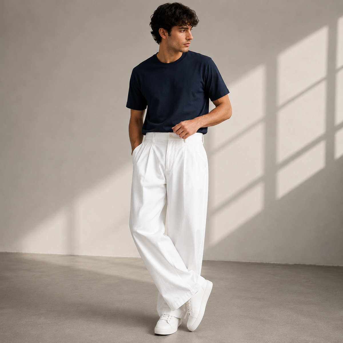 Model wearing white pleated wide-leg trousers with a navy t-shirt and white trainers, one hand in pocket, standing in soft window light. 1