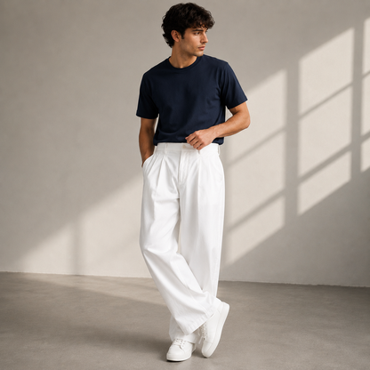 Model wearing white pleated wide-leg trousers with a navy t-shirt and white trainers, one hand in pocket, standing in soft window light. 1