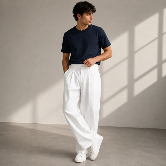 Model wearing white pleated wide-leg trousers with a navy t-shirt and white trainers, one hand in pocket, standing in soft window light. 1
