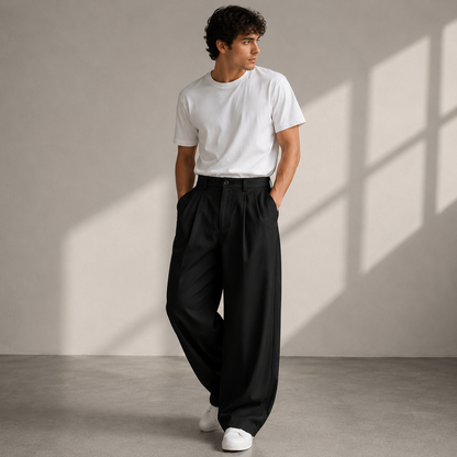 Model wearing black pleated wide-leg trousers with a white t-shirt and white trainers, both hands in pockets, looking to the side. 2