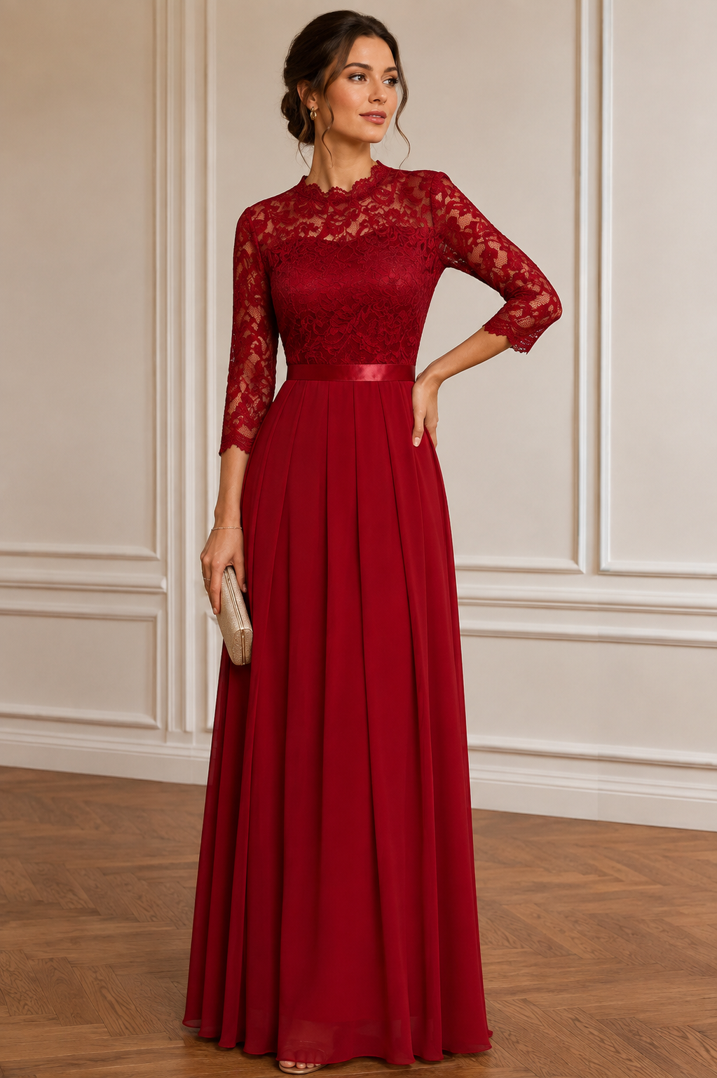 Model with hand on hip in the deep red version, lace bodice and long chiffon skirt 4