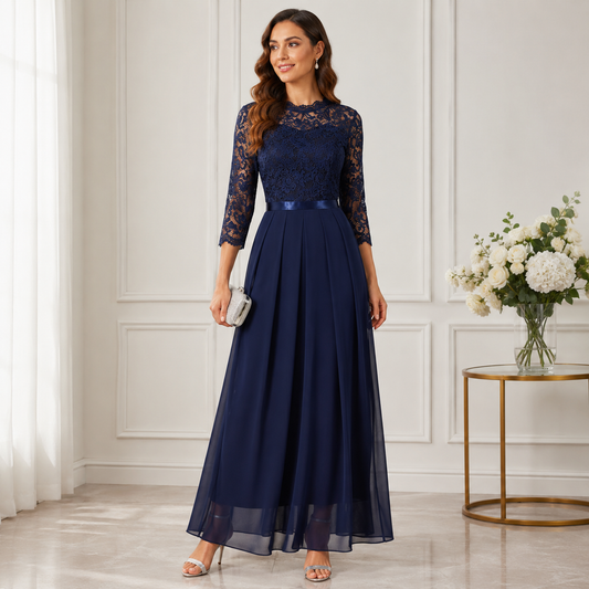 Model wearing the navy blue version, lace bodice with satin waist ribbon and floaty chiffon skirt 2