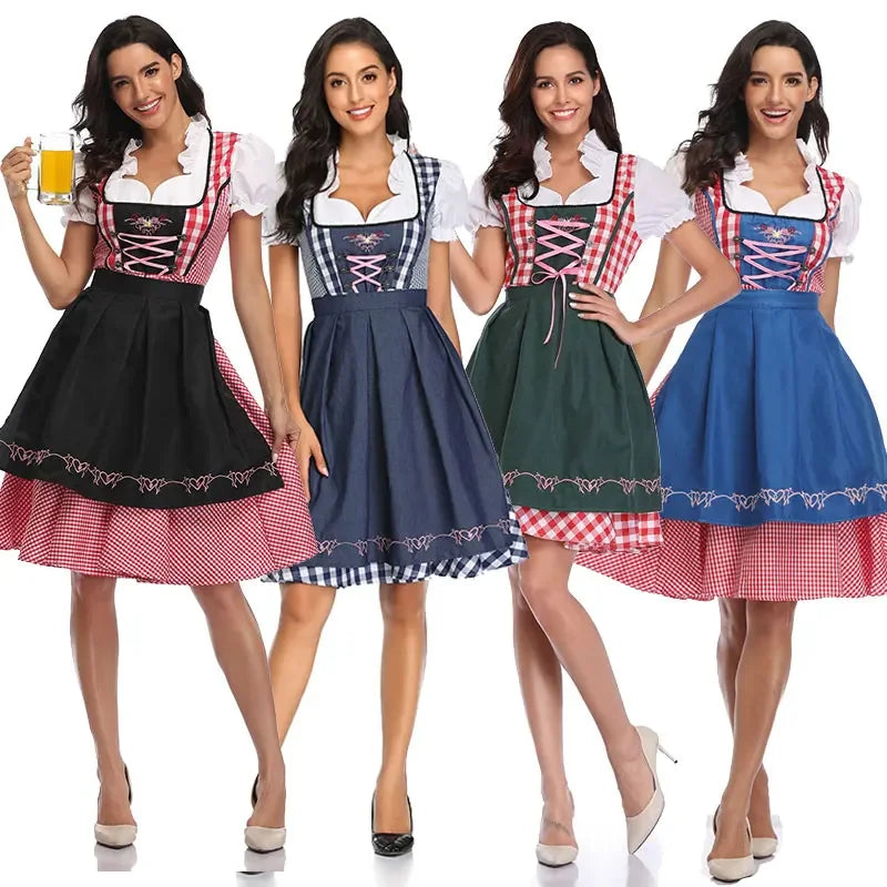 Four models side by side showing the dirndl colour options: black, navy, dark green and bright blue aprons over gingham dresses. 10