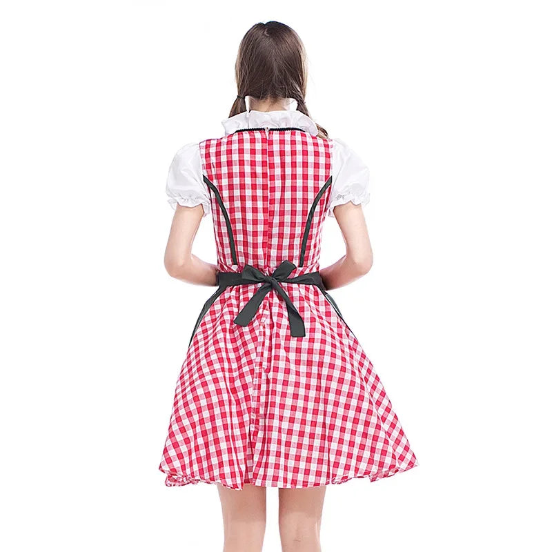 Back view of a red and white gingham dirndl with a dark green apron bow at the waist and puff sleeves. 4