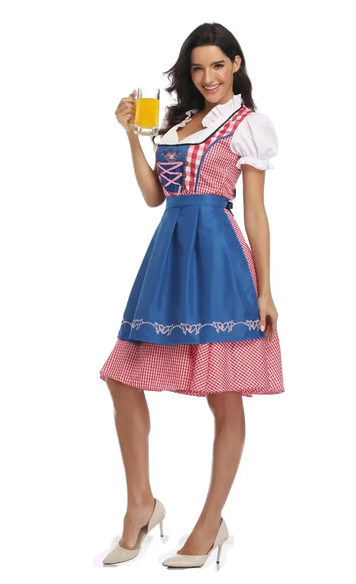 Side view of a model raising a beer glass, wearing a red gingham dirndl with a bright blue embroidered apron. 5