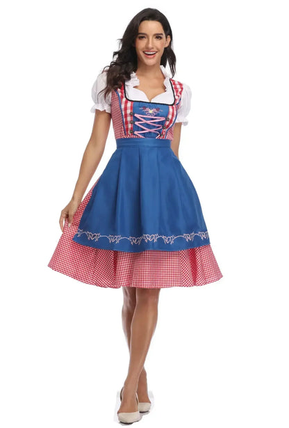 Front view of a red gingham dirndl with bright blue apron, pink lacing on the bodice and heart embroidery along the hem. 7