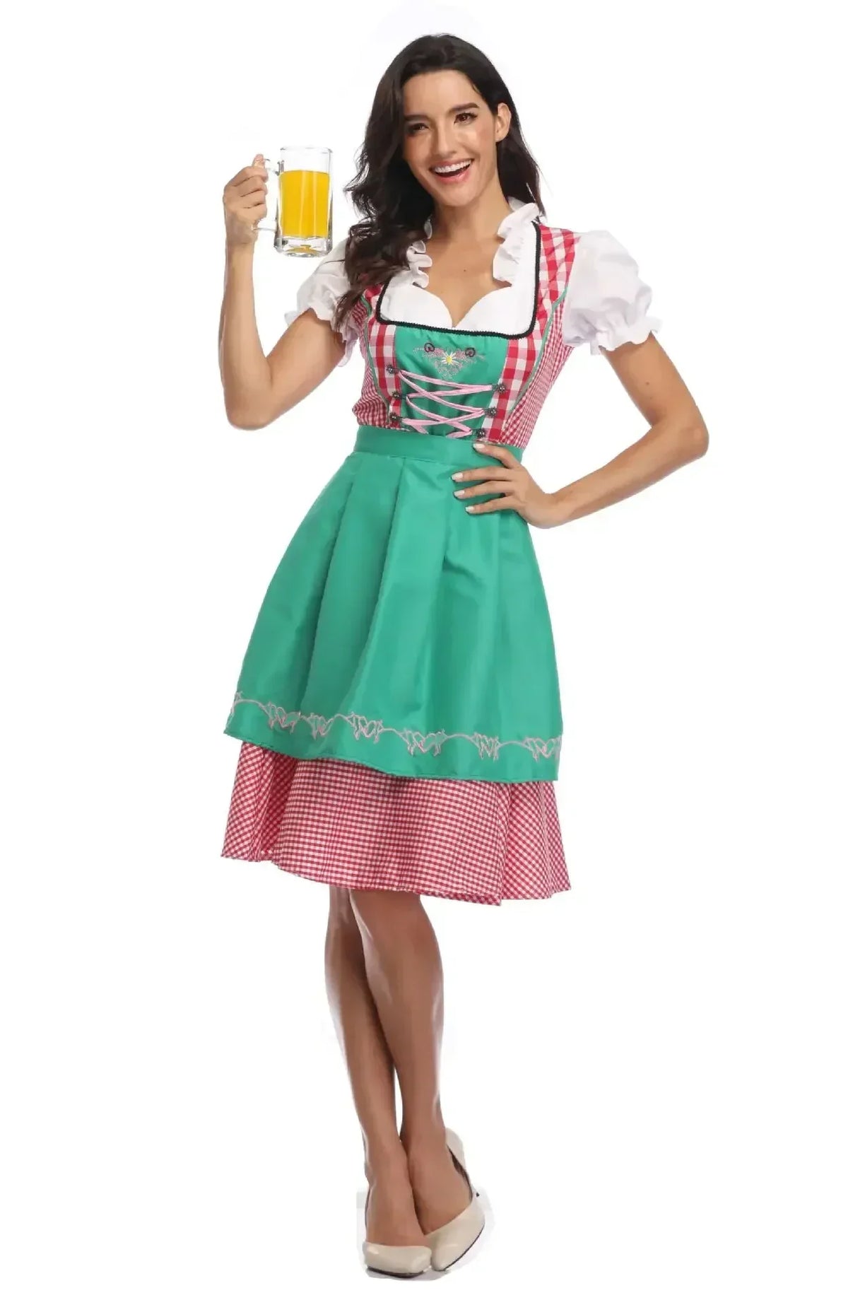 Model holding a beer glass, wearing a red gingham dirndl with a green apron and pink bodice lacing. 8