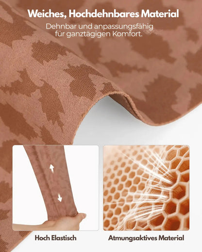 Close-up of the soft leopard-print fabric being stretched, with a honeycomb texture inset showing the breathable material. 9
