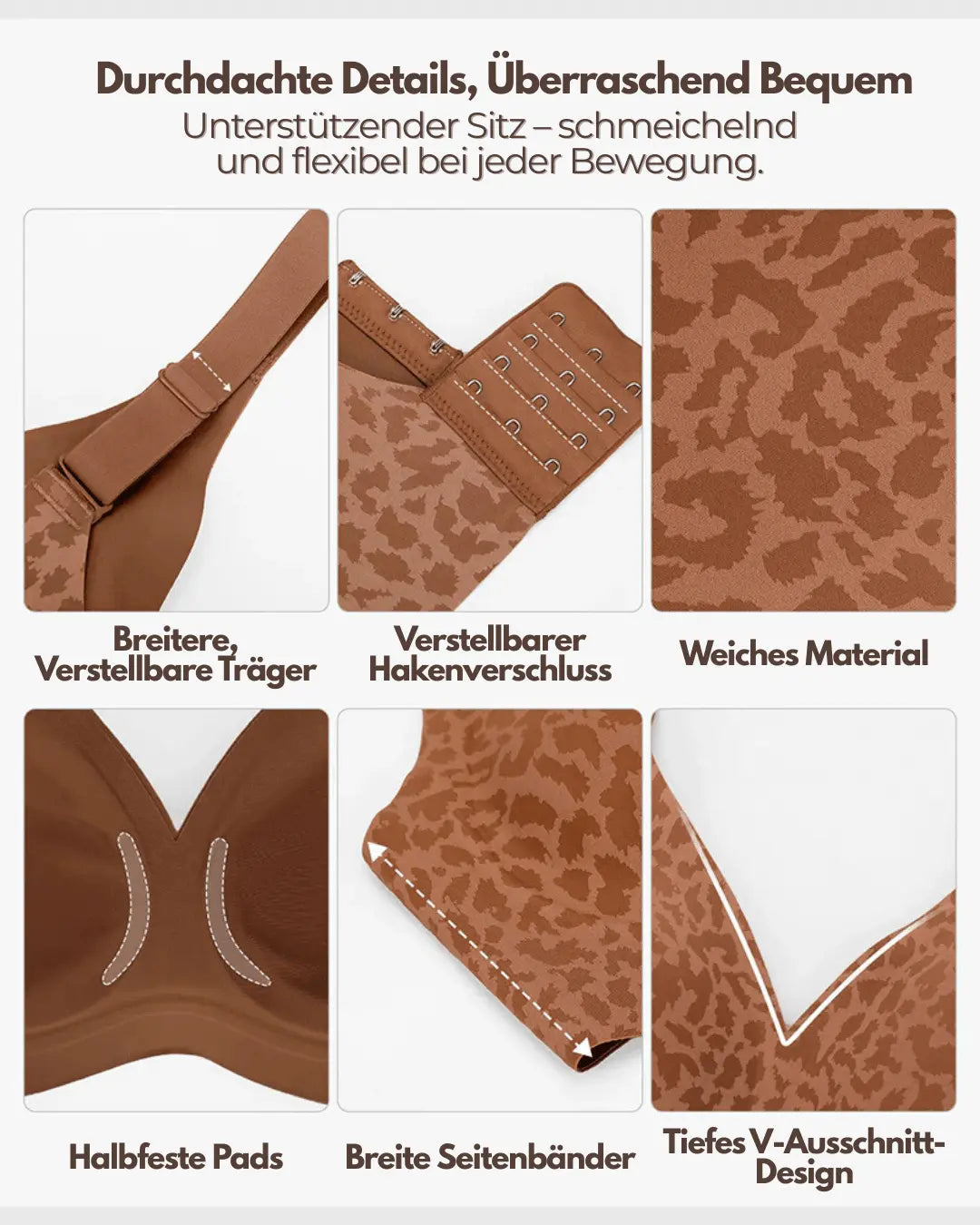 Collage of detail shots: wide adjustable straps, hook closure, soft fabric, semi-firm pads, wide side bands and deep V neckline. 11