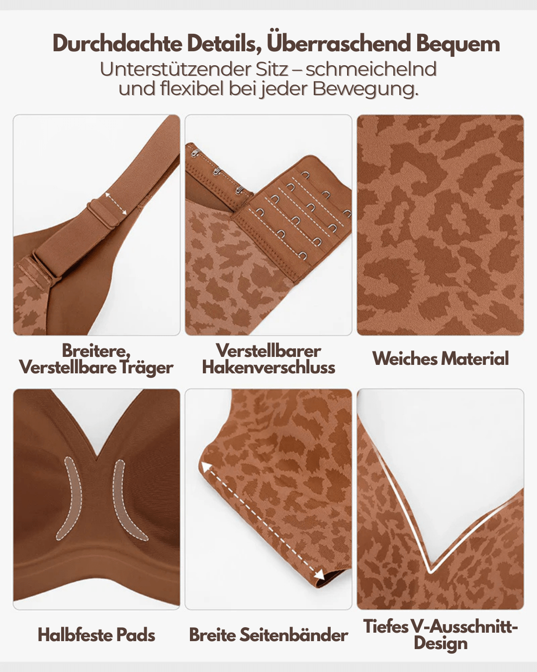 Collage of six construction details: wide adjustable straps, hook fastening, soft fabric, semi-fixed pads, wide side bands and deep V neckline. 4