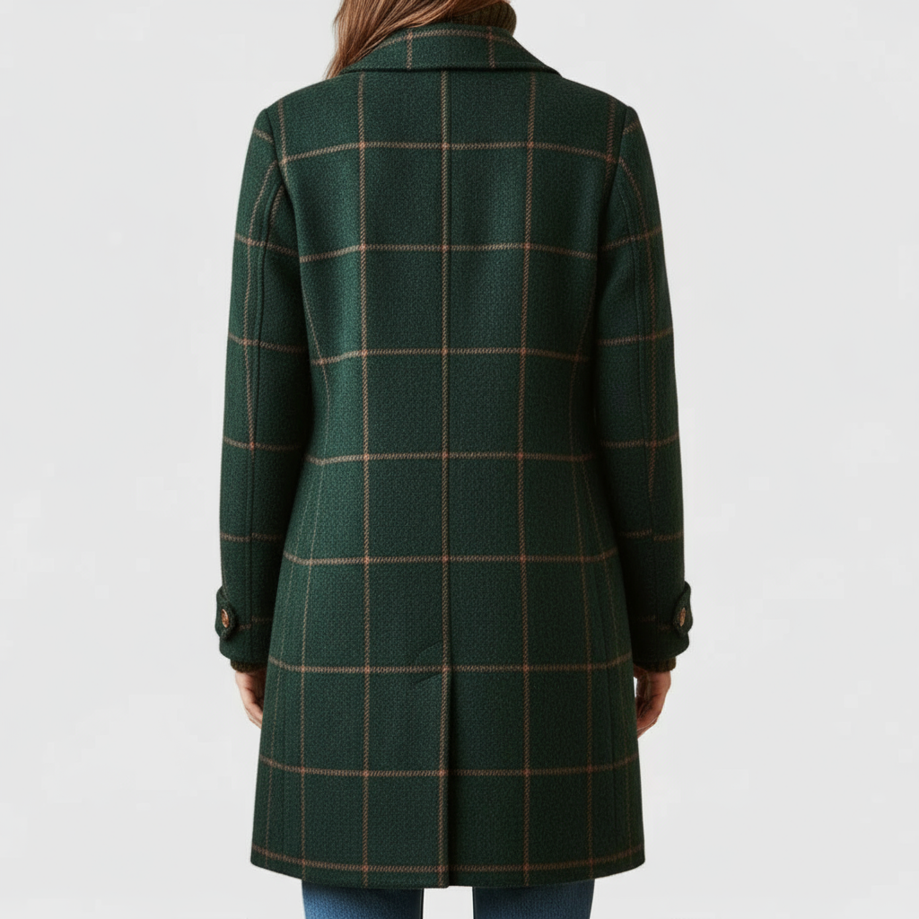 Back view of the dark green coat showing the orange check pattern, centre vent and buttoned cuff tabs. 2