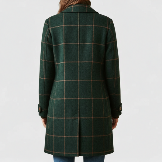 Back view of the dark green coat showing the orange check pattern, centre vent and buttoned cuff tabs. 2
