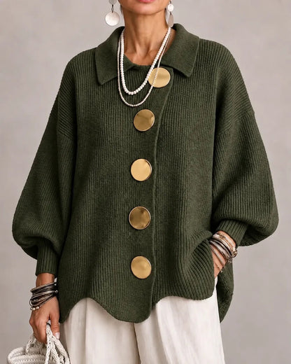 Dark olive green version worn by a model, with gold buttons and a pointed collar 12