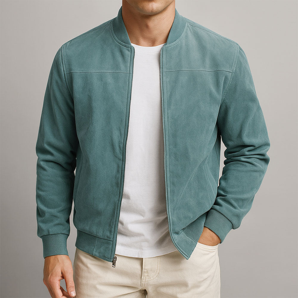 Front view of the jacket in teal-green, worn open over a white t-shirt with ribbed collar and cuffs. 2