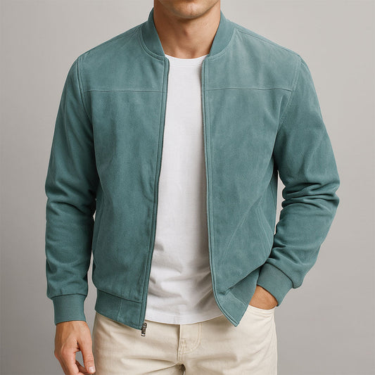 Front view of the jacket in teal-green, worn open over a white t-shirt with ribbed collar and cuffs. 2
