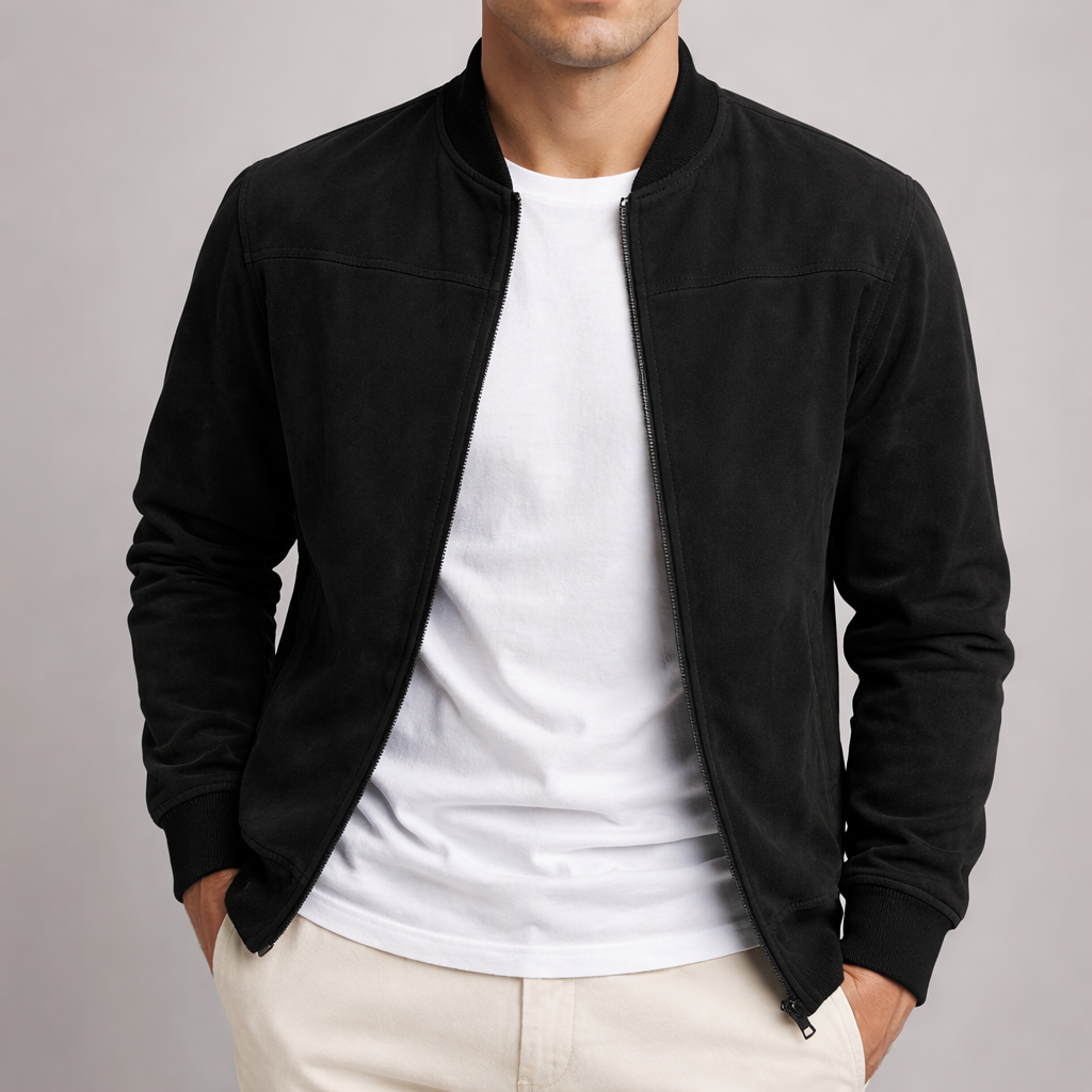 Front view of the jacket in black, worn unzipped over a white t-shirt, with ribbed collar and cuffs. 5