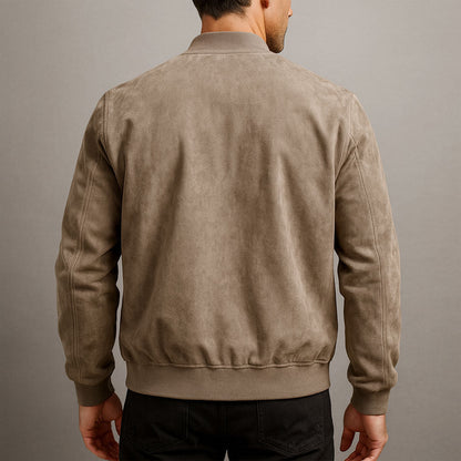 Back view of the jacket in taupe, showing the plain suede-look back panel, ribbed collar, cuffs and hem. 7