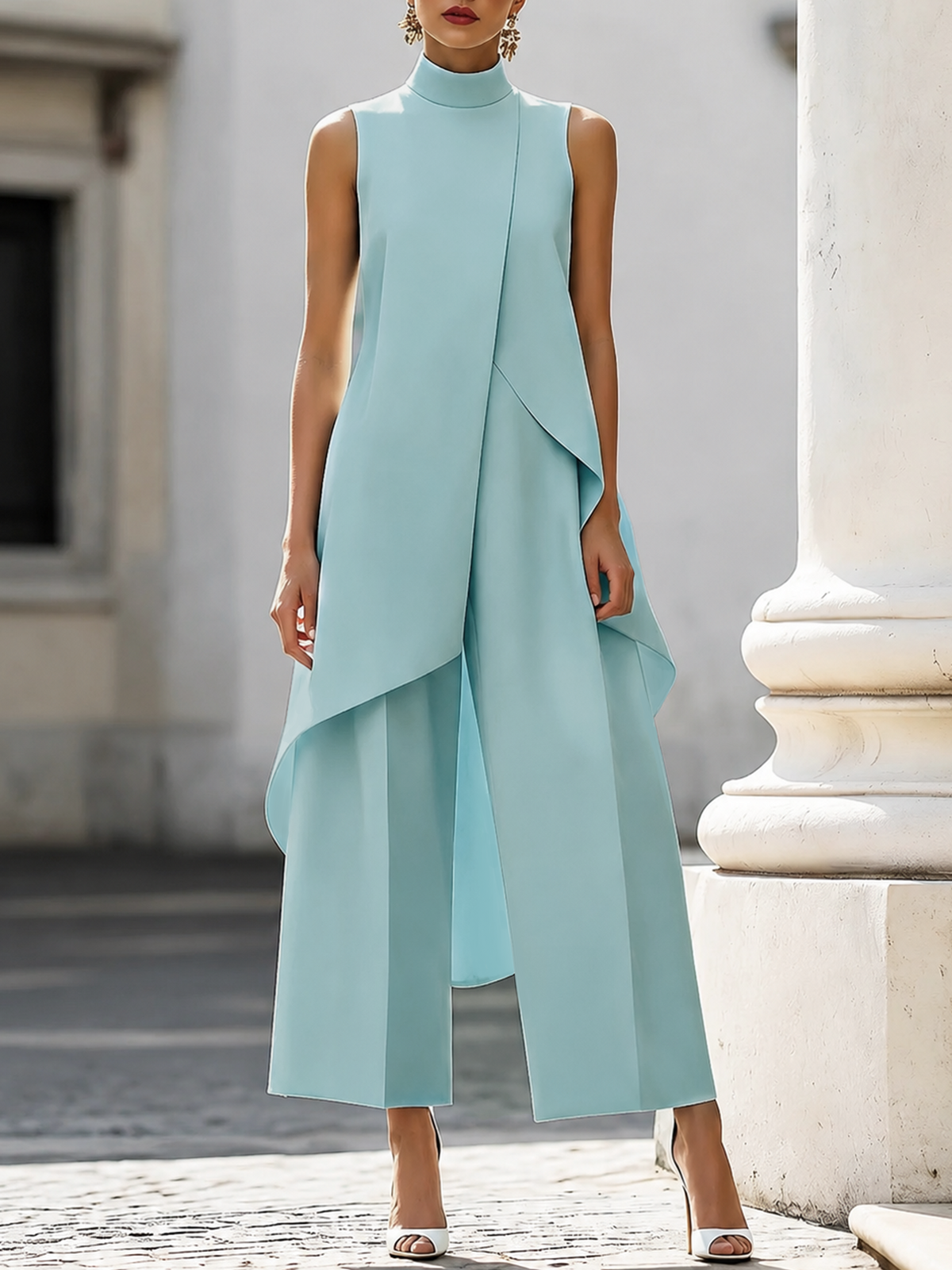 Pale blue version on a model, front view, showing the high neck, diagonal overlap and long wide-leg trousers. 4