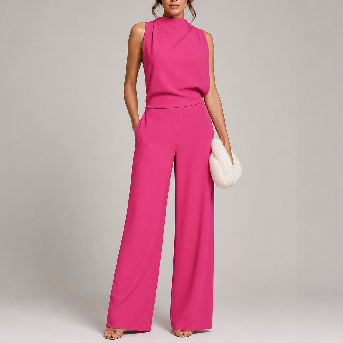 Model wears the jumpsuit in bright pink with a pleated high neck, nude sandals and a fluffy cream clutch 4