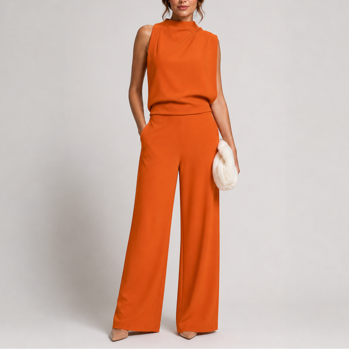 Model wears the jumpsuit in burnt orange with nude pointed heels, one hand in pocket, holding a fluffy clutch 5