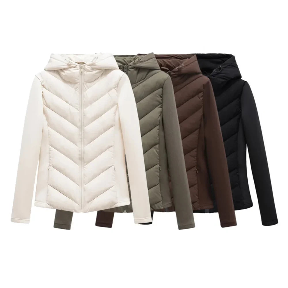 Four hooded padded jackets lined up side by side in cream, olive green, brown and black, showing the colour options. 1