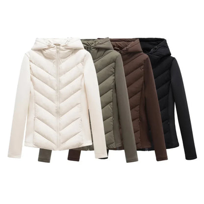Four hooded padded jackets lined up side by side in cream, olive green, brown and black, showing the colour options. 1