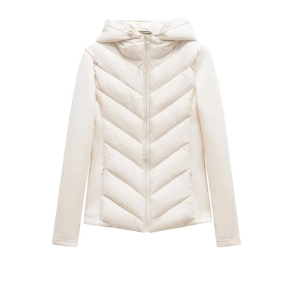Cream hooded padded jacket with chevron quilting and zipped side pockets, shown flat against a plain white background. 10