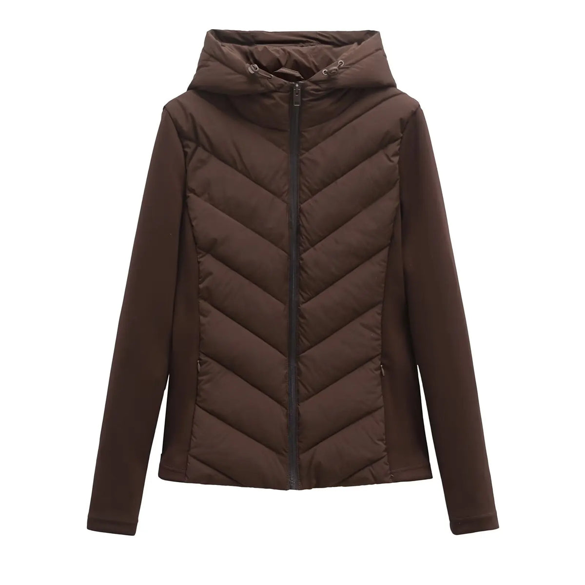 Brown hooded padded jacket with chevron quilting, drawstring hood, front zip and zipped side pockets, shown flat from the front. 7