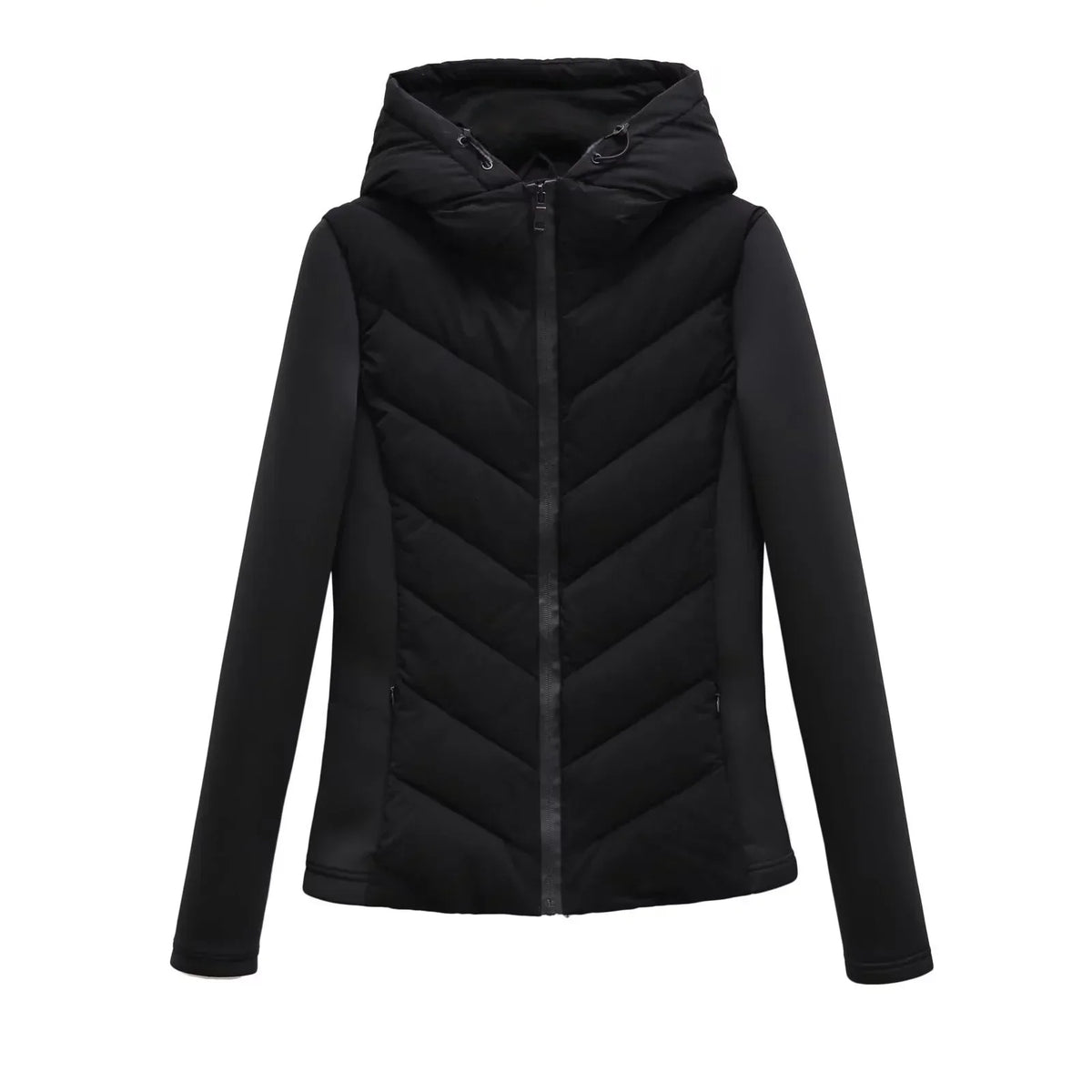 Black hooded padded jacket with chevron quilting, drawstring hood and zipped side pockets, shown flat from the front. 8