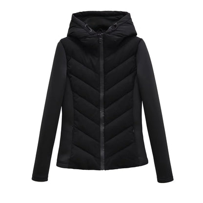 Black hooded padded jacket with chevron quilting, drawstring hood and zipped side pockets, shown flat from the front. 8