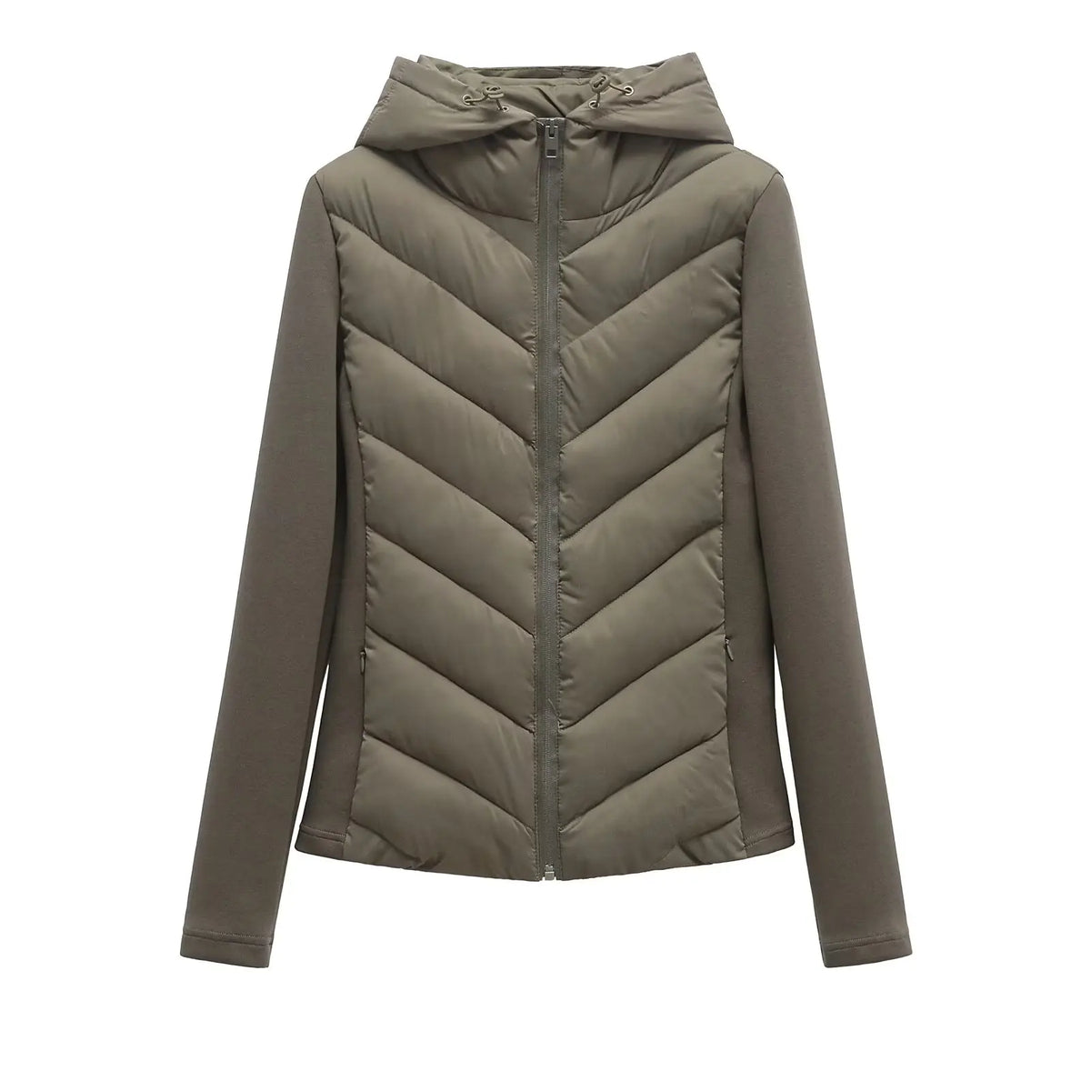 Olive green hooded padded jacket with chevron quilting, drawstring hood and zipped side pockets, shown flat from the front. 9