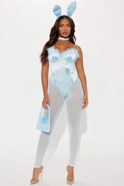 Full-length front view of the set in pale blue with fluffy trim and sheer matching leggings 4