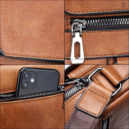 Four close-up details: grained tan surface, metal zip pull, phone slipped into the zipped pocket, and strap connector. 7