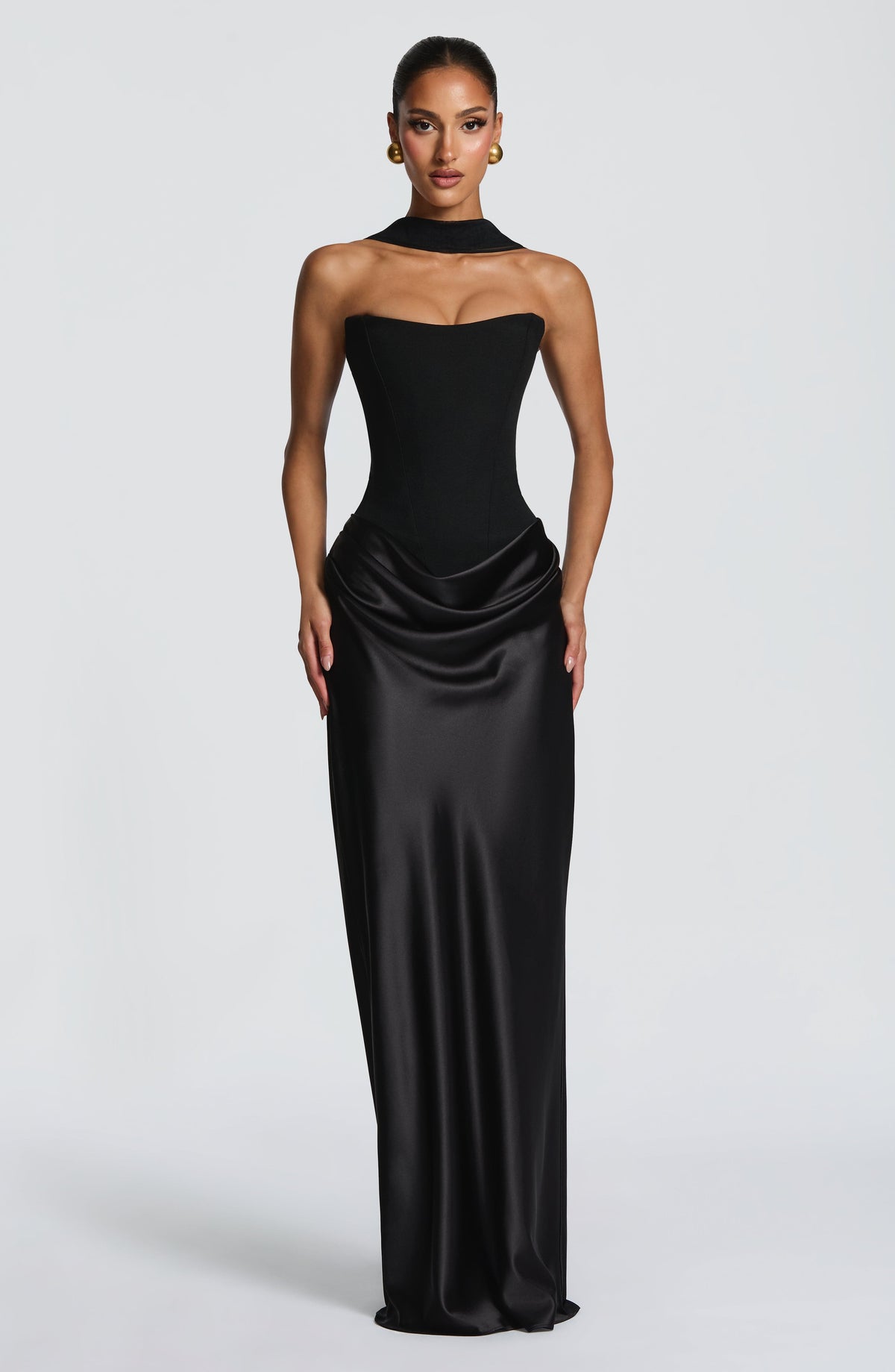Black version of the strapless corset maxi dress with matching neck scarf, front view 20