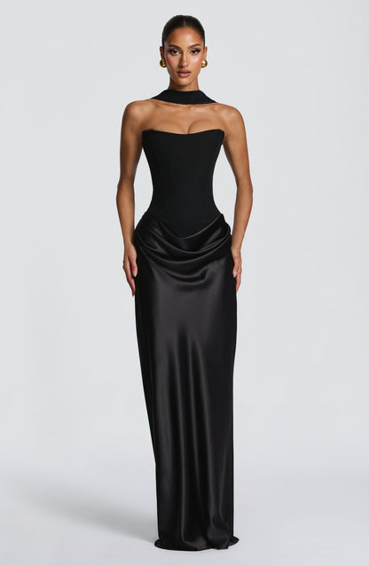 Black version of the strapless corset maxi dress with matching neck scarf, front view 20