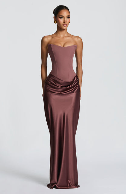 Front view of the brown corset maxi dress with draped satin skirt falling to the floor 40