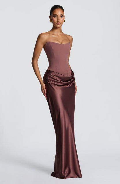 Three-quarter view of the brown strapless corset dress with ruched satin cowl at the hips 39