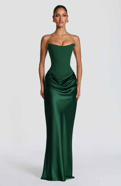 Front view of the dress in dark emerald green satin with a structured corset bodice 29