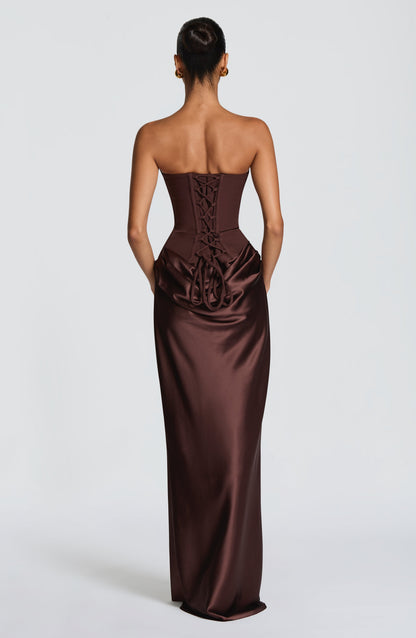 Back view of the brown dress showing the lace-up corset back and trailing ties 2