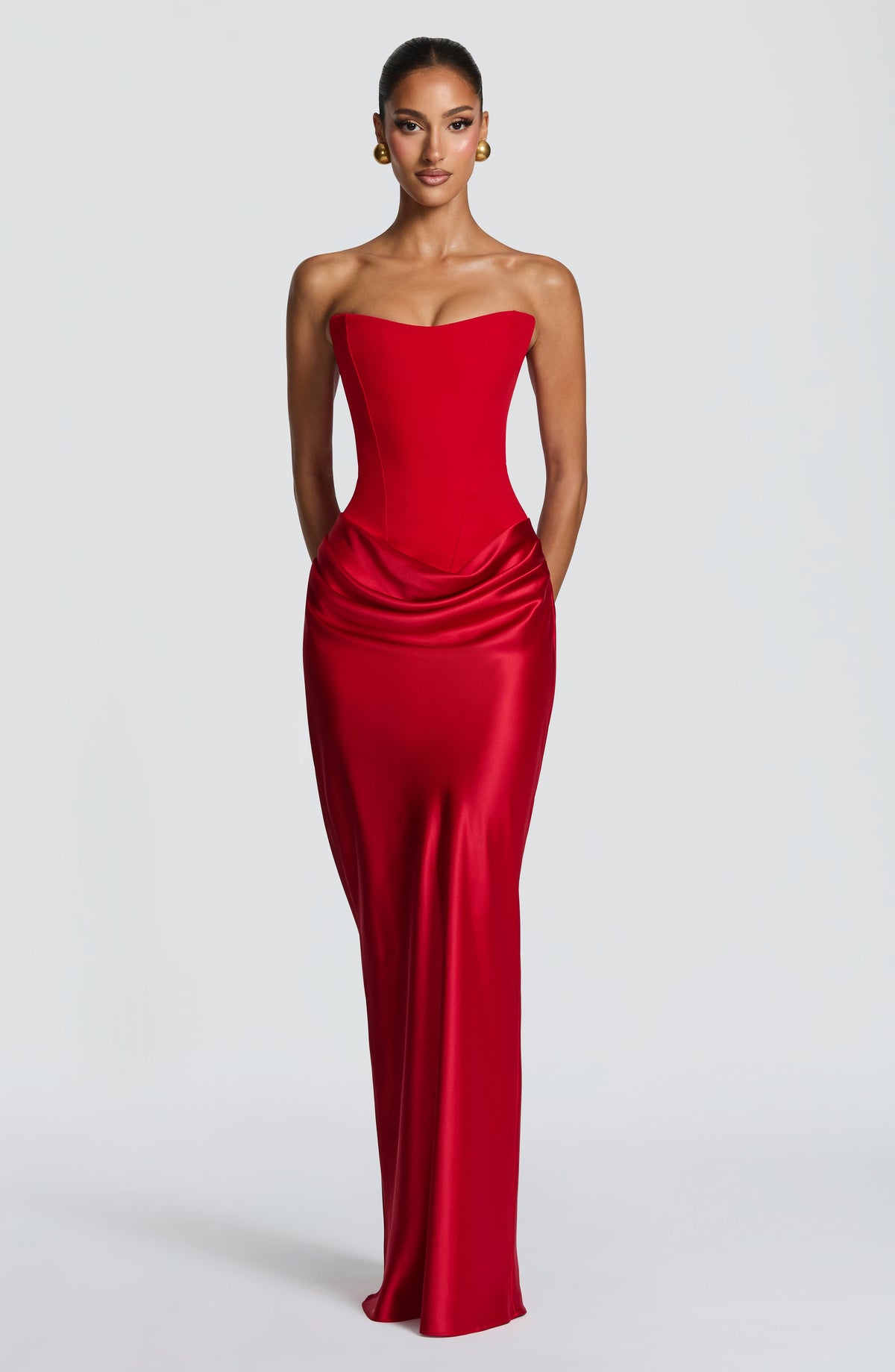 Full-length front view of the red strapless dress worn without the scarf 16