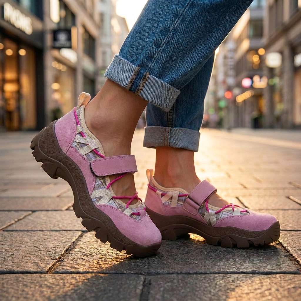 Pink suede plaid shoes with chunky brown soles, worn with cuffed jeans on a paved city street. 9