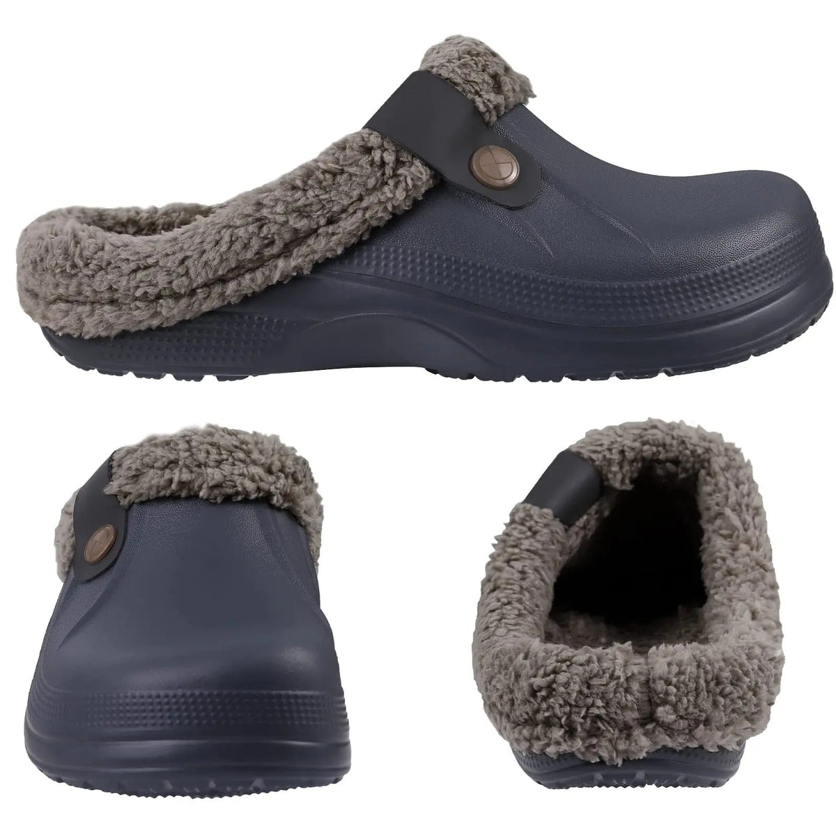 Navy clog shown from three views: side profile, front toe and the fleece-lined heel opening 6