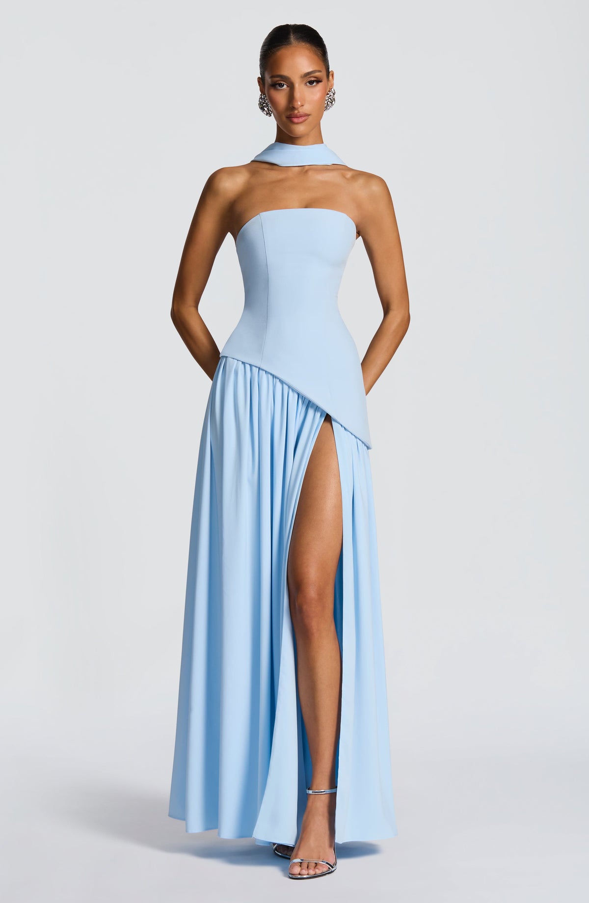 Front view of pale blue strapless maxi dress with scarf collar and high side slit 25