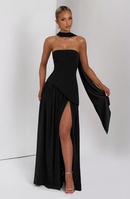 Black strapless maxi dress with scarf held out to the side, showing the high leg slit 10