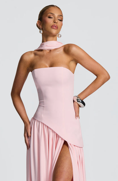 Close-up of pink strapless bodice with draped scarf neckline and asymmetric waist seam 24