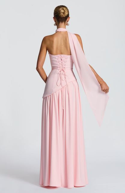 Back view of pink strapless maxi dress with corset lacing and a draped neck scarf 21