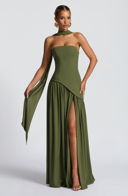 Olive green strapless maxi dress with scarf neckline, high slit and hand on hip 30