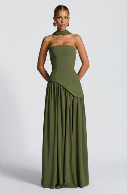 Front view of olive green strapless dress with scarf collar and full gathered skirt 33