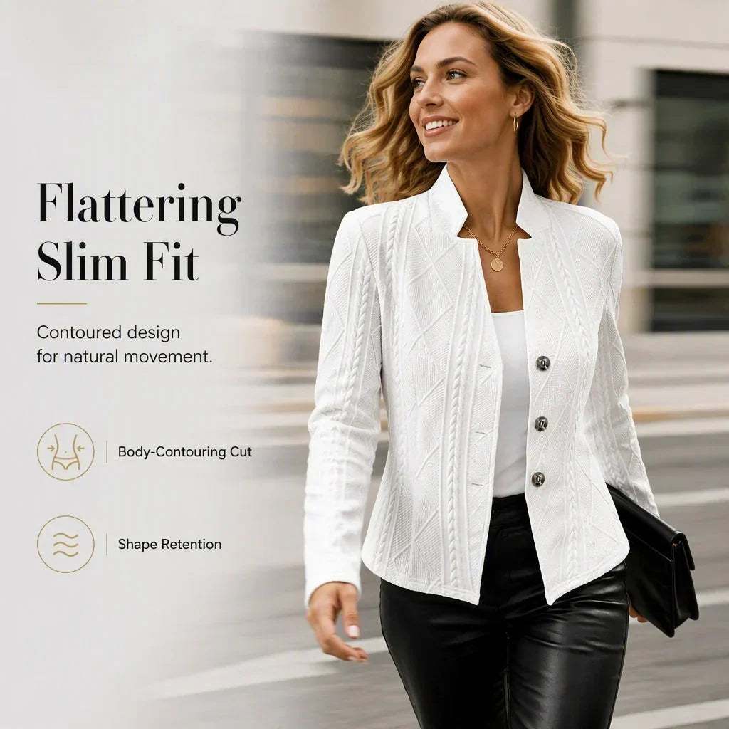 White textured blazer with a slim, body-contouring cut, worn walking with leather-look trousers and a clutch 18