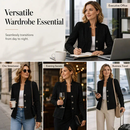 Collage of a model wearing the black textured blazer at the office, on the street, at an evening event and travelling 21